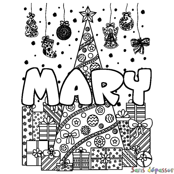 Coloriage prénom MARY - d&eacute;cor Sapin et Cadeaux