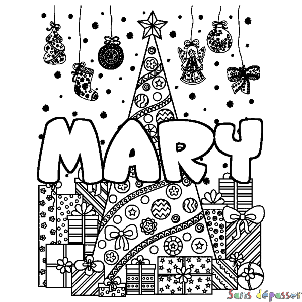 Coloriage pr&eacute;nom MARY - d&eacute;cor Sapin et Cadeaux