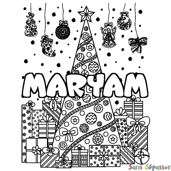 Coloriage prénom MARYAM - d&eacute;cor Sapin et Cadeaux
