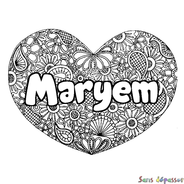 Coloriage pr&eacute;nom Maryem - d&eacute;cor Mandala coeur