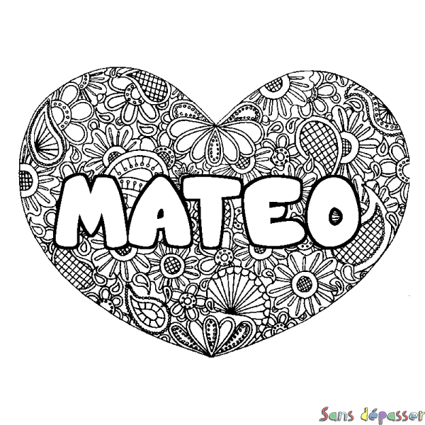 Coloriage prénom MATEO - d&eacute;cor Mandala coeur
