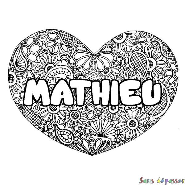Coloriage prénom MATHIEU - d&eacute;cor Mandala coeur