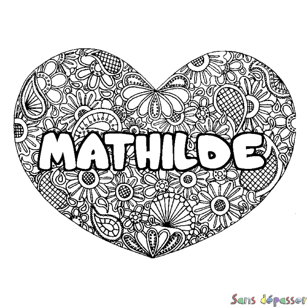 Coloriage pr&eacute;nom MATHILDE - d&eacute;cor Mandala coeur