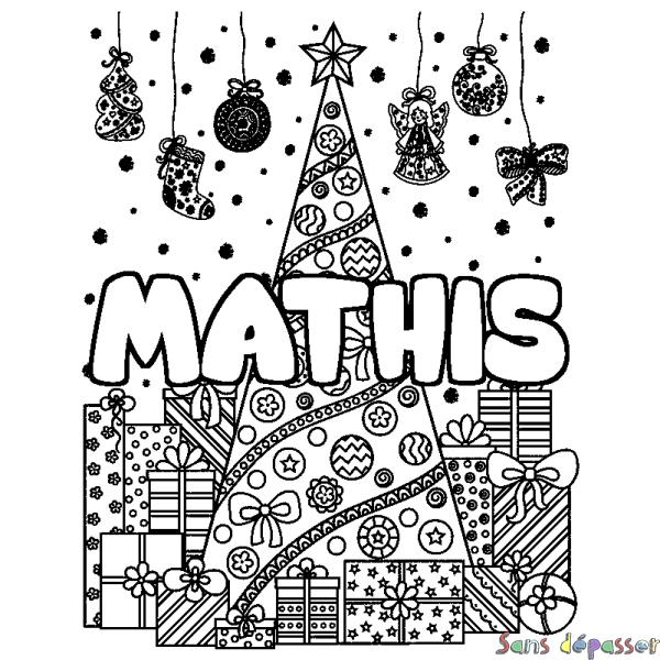Coloriage pr&eacute;nom MATHIS - d&eacute;cor Sapin et Cadeaux