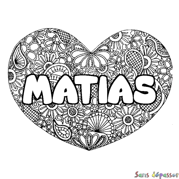 Coloriage pr&eacute;nom MATIAS - d&eacute;cor Mandala coeur