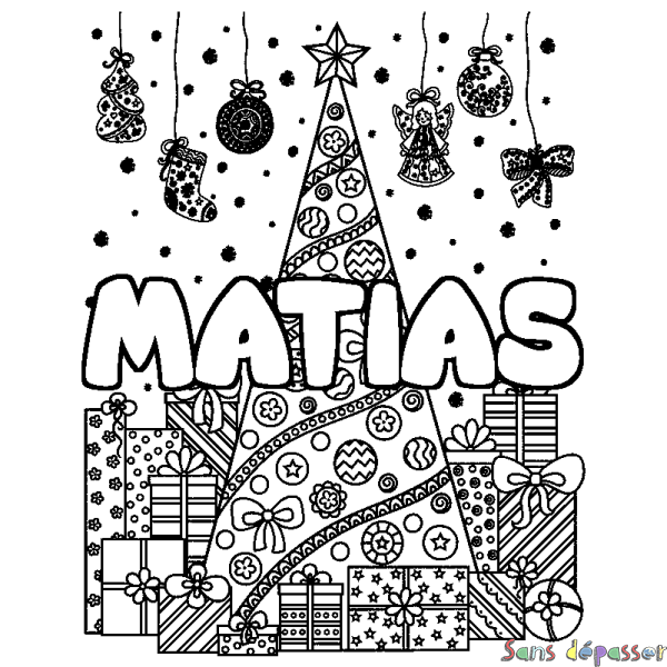 Coloriage prénom MATIAS - d&eacute;cor Sapin et Cadeaux