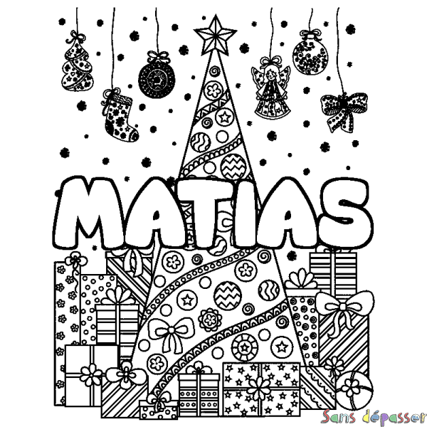Coloriage pr&eacute;nom MATIAS - d&eacute;cor Sapin et Cadeaux