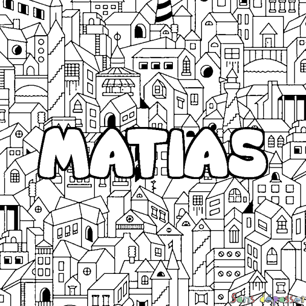 Coloriage pr&eacute;nom MATIAS - d&eacute;cor Ville