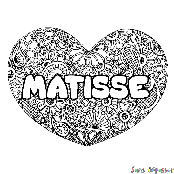 Coloriage pr&eacute;nom MATISSE - d&eacute;cor Mandala coeur