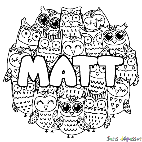 Coloriage pr&eacute;nom MATT - d&eacute;cor Chouettes