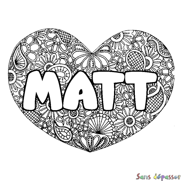 Coloriage pr&eacute;nom MATT - d&eacute;cor Mandala coeur