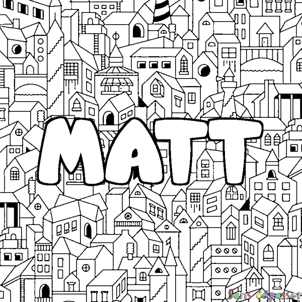 Coloriage pr&eacute;nom MATT - d&eacute;cor Ville