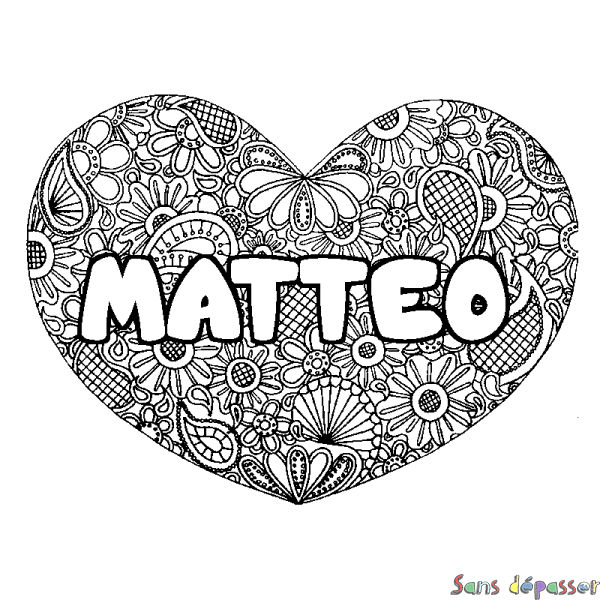 Coloriage prénom MATTEO - d&eacute;cor Mandala coeur
