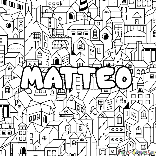 Coloriage pr&eacute;nom MATTEO - d&eacute;cor Ville