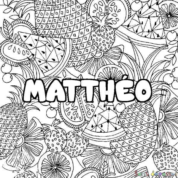 Coloriage pr&eacute;nom MATTH&Eacute;O - d&eacute;cor Mandala fruits