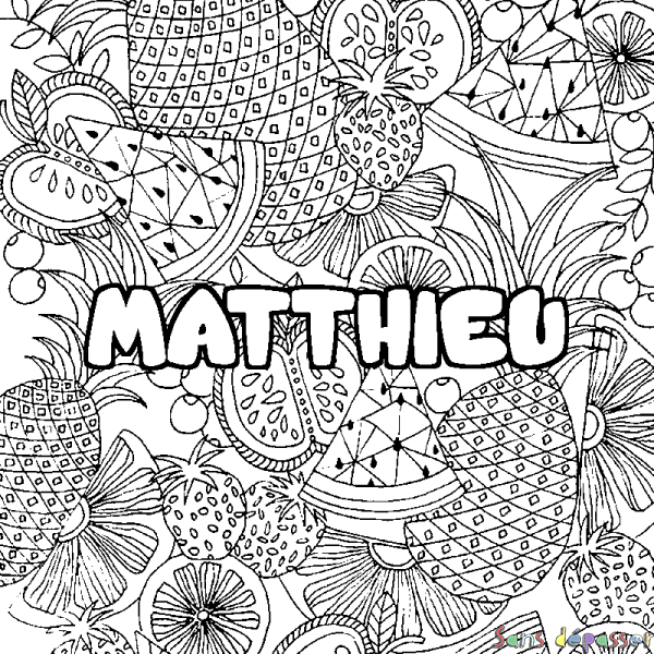 Coloriage prénom MATTHIEU - d&eacute;cor Mandala fruits