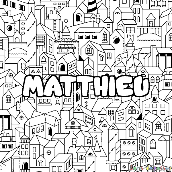 Coloriage prénom MATTHIEU - d&eacute;cor Ville