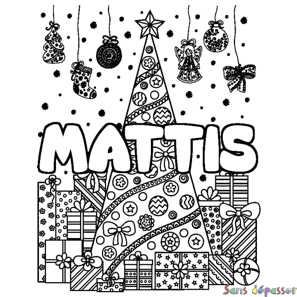 Coloriage prénom MATTIS - d&eacute;cor Sapin et Cadeaux