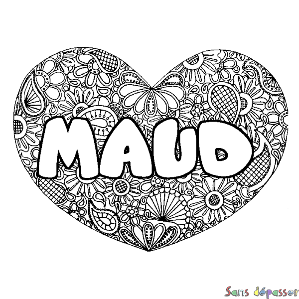 Coloriage pr&eacute;nom MAUD - d&eacute;cor Mandala coeur