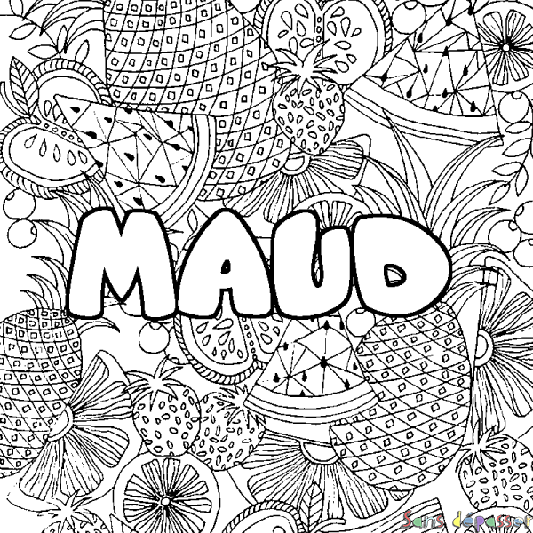 Coloriage pr&eacute;nom MAUD - d&eacute;cor Mandala fruits
