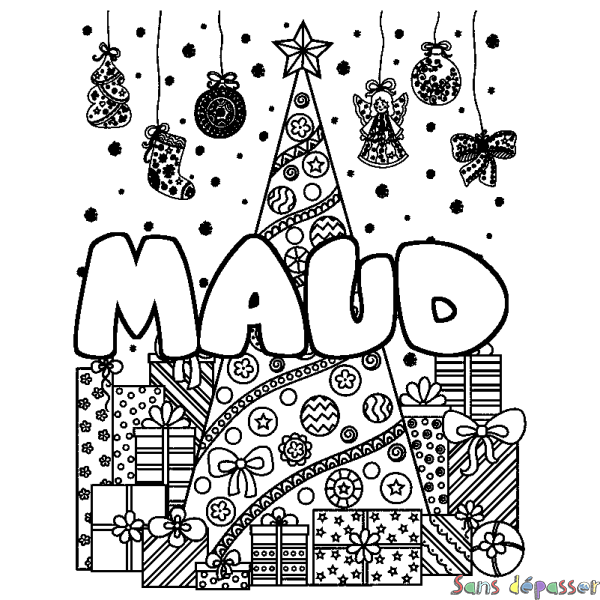 Coloriage prénom MAUD - d&eacute;cor Sapin et Cadeaux