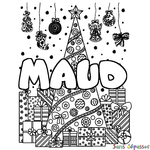 Coloriage pr&eacute;nom MAUD - d&eacute;cor Sapin et Cadeaux