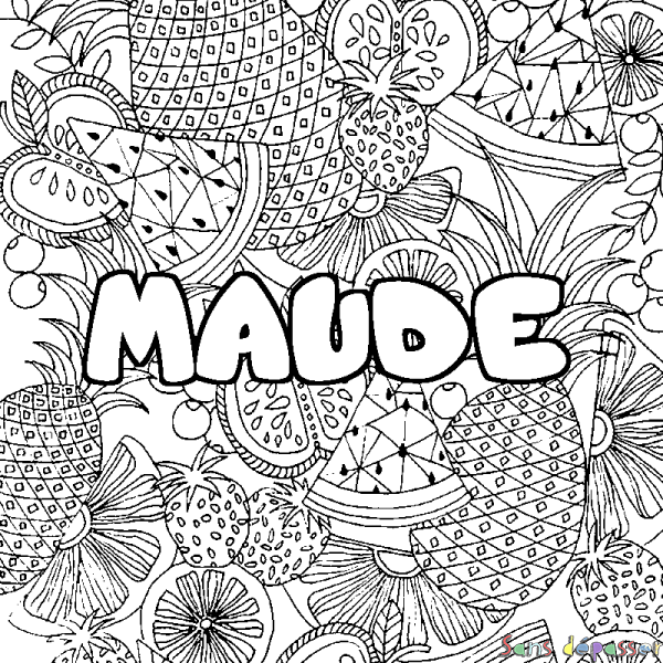 Coloriage pr&eacute;nom MAUDE - d&eacute;cor Mandala fruits
