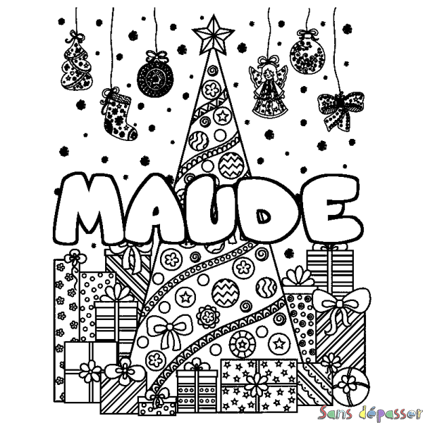 Coloriage prénom MAUDE - d&eacute;cor Sapin et Cadeaux