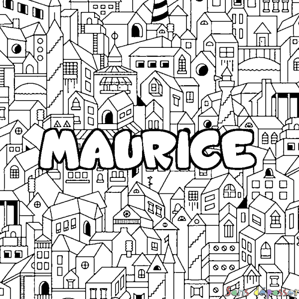 Coloriage pr&eacute;nom MAURICE - d&eacute;cor Ville