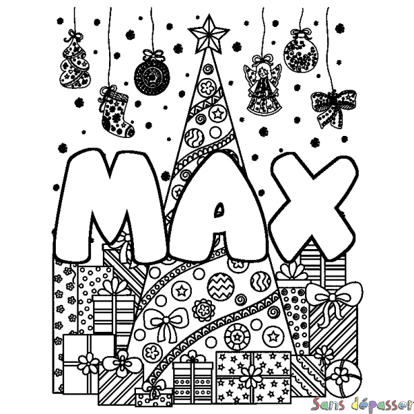 Coloriage prénom MAX - d&eacute;cor Sapin et Cadeaux