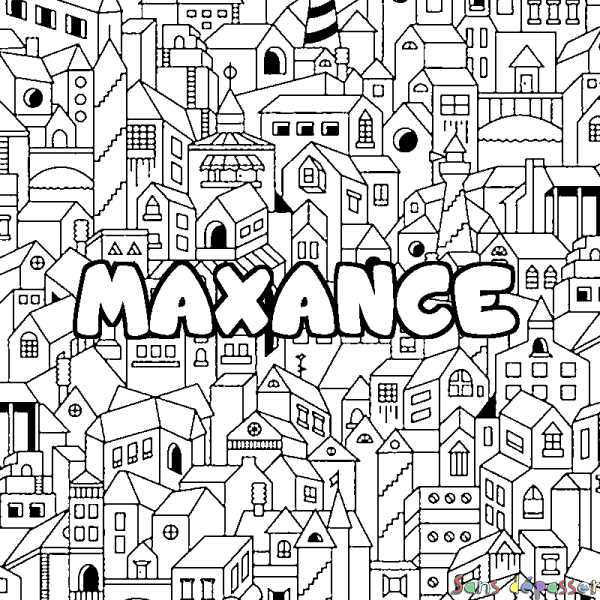 Coloriage pr&eacute;nom MAXANCE - d&eacute;cor Ville