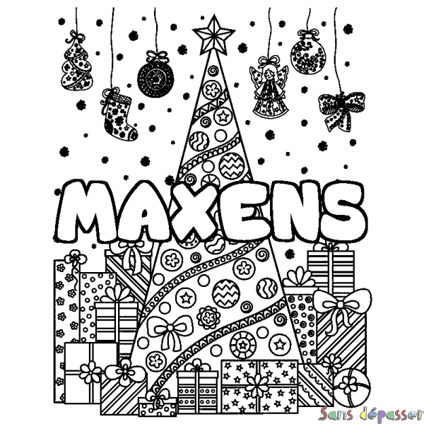 Coloriage prénom MAXENS - d&eacute;cor Sapin et Cadeaux