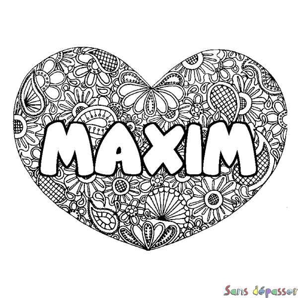 Coloriage prénom MAXIM - d&eacute;cor Mandala coeur
