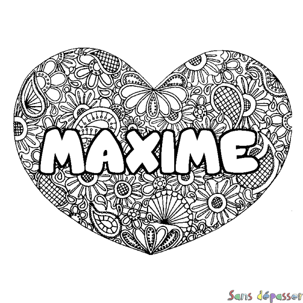 Coloriage pr&eacute;nom MAXIME - d&eacute;cor Mandala coeur