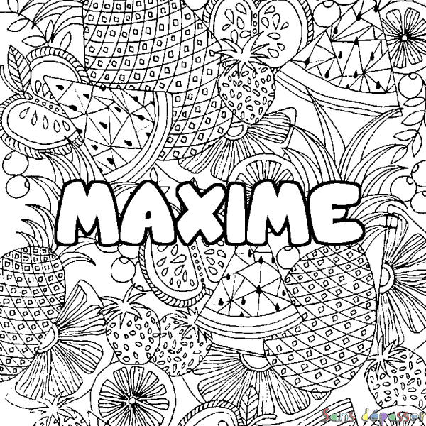 Coloriage prénom MAXIME - d&eacute;cor Mandala fruits