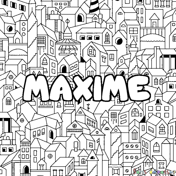 Coloriage pr&eacute;nom MAXIME - d&eacute;cor Ville
