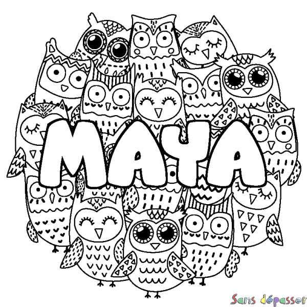 Coloriage pr&eacute;nom MAYA - d&eacute;cor Chouettes
