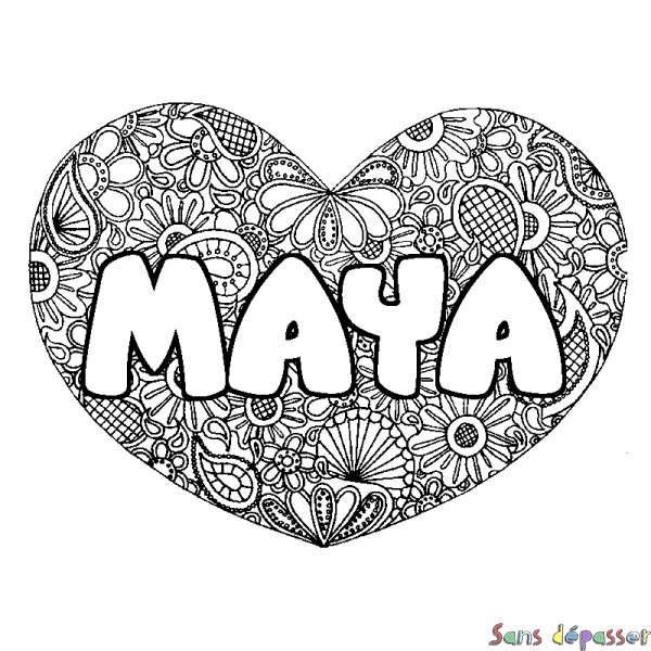 Coloriage prénom MAYA - d&eacute;cor Mandala coeur