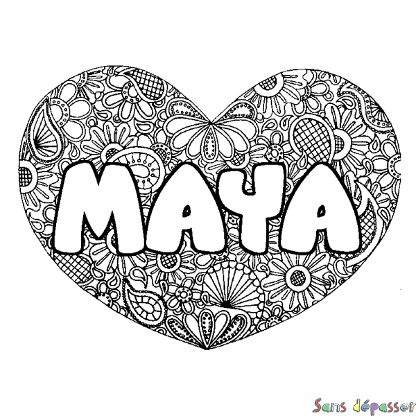 Coloriage pr&eacute;nom MAYA - d&eacute;cor Mandala coeur