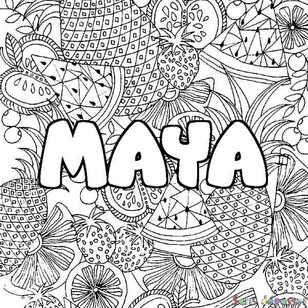 Coloriage prénom MAYA - d&eacute;cor Mandala fruits