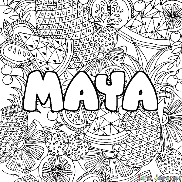 Coloriage pr&eacute;nom MAYA - d&eacute;cor Mandala fruits