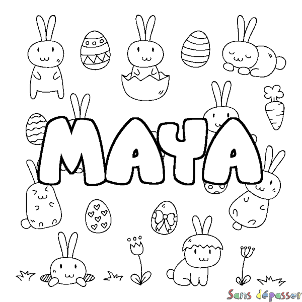 Coloriage pr&eacute;nom MAYA - d&eacute;cor Paques