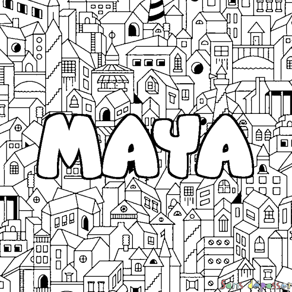 Coloriage pr&eacute;nom MAYA - d&eacute;cor Ville
