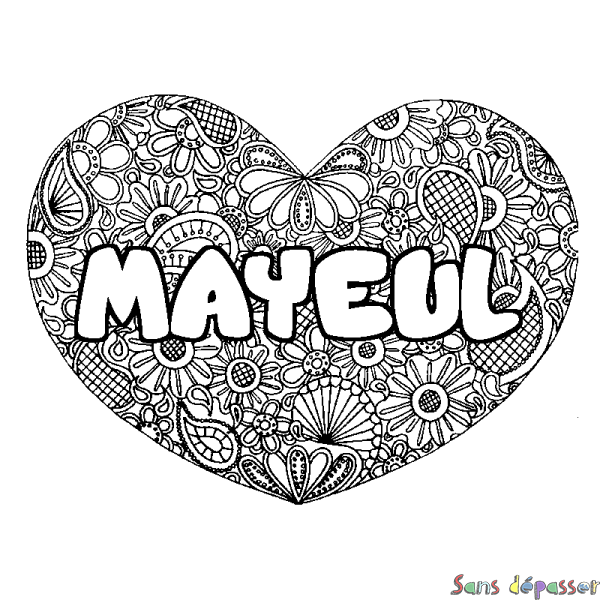 Coloriage pr&eacute;nom MAYEUL - d&eacute;cor Mandala coeur