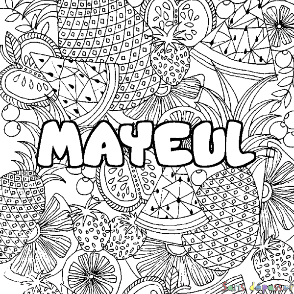 Coloriage pr&eacute;nom MAYEUL - d&eacute;cor Mandala fruits