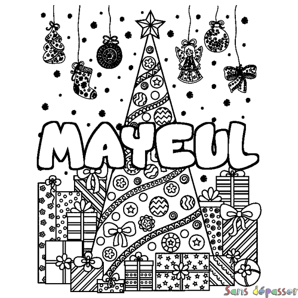 Coloriage pr&eacute;nom MAYEUL - d&eacute;cor Sapin et Cadeaux