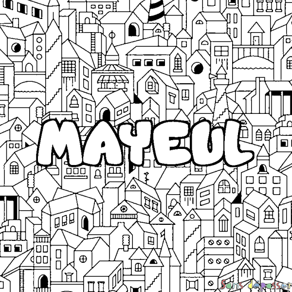 Coloriage pr&eacute;nom MAYEUL - d&eacute;cor Ville