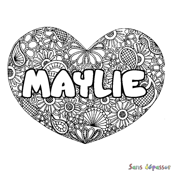Coloriage pr&eacute;nom MAYLIE - d&eacute;cor Mandala coeur
