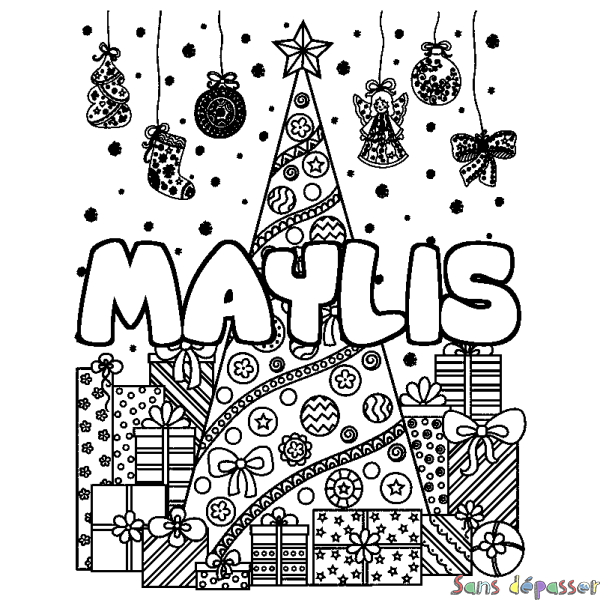 Coloriage prénom MAYLIS - d&eacute;cor Sapin et Cadeaux