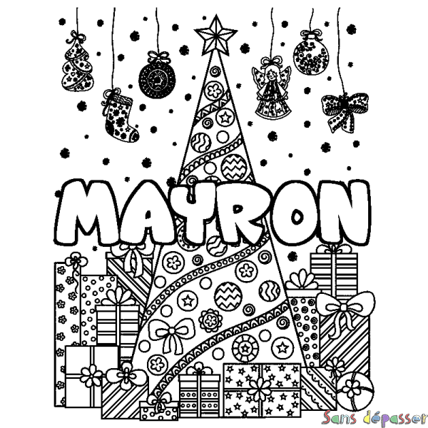 Coloriage prénom MAYRON - d&eacute;cor Sapin et Cadeaux